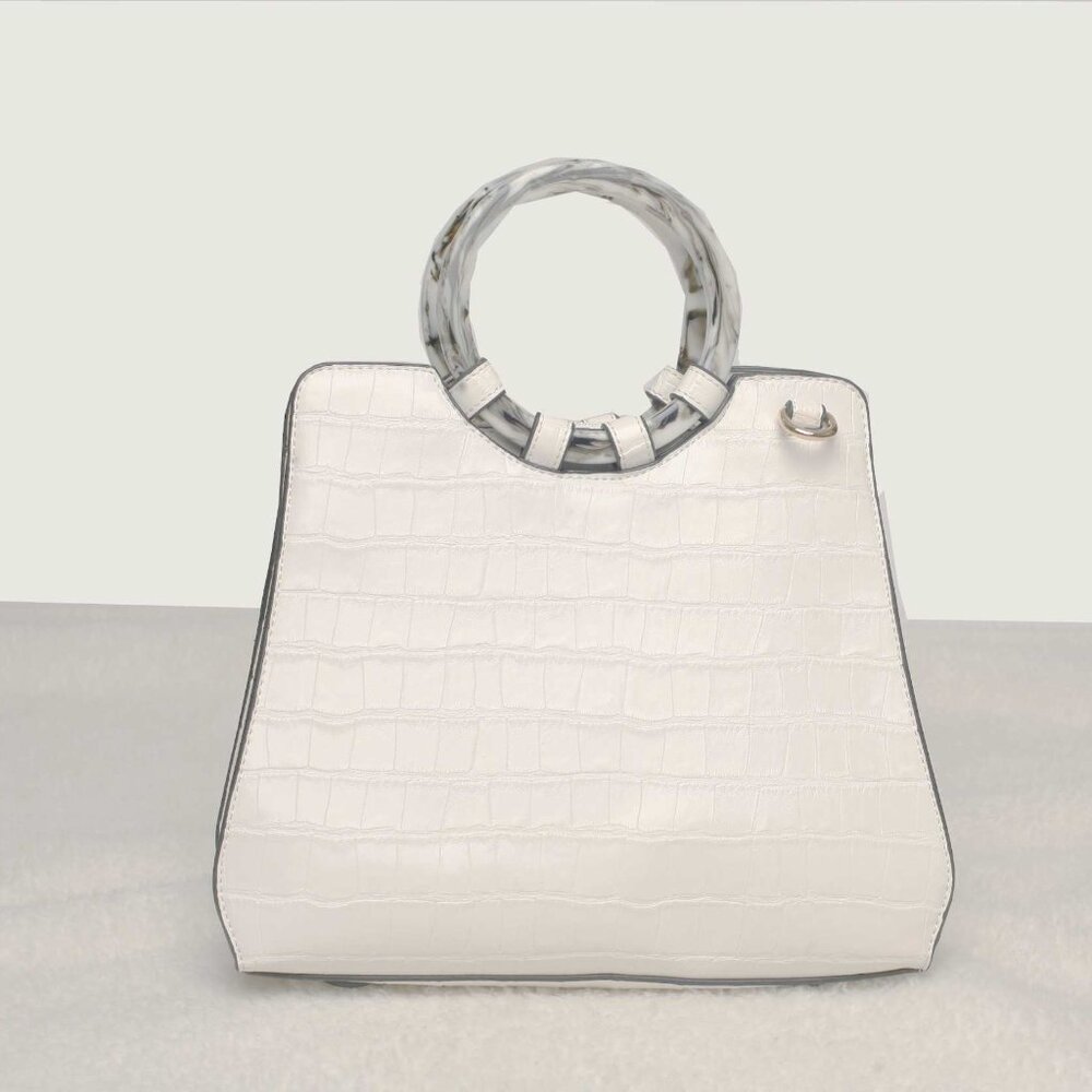 NEW White Bag With Double Marble Like Handles Zip Closure Shoulder Straps